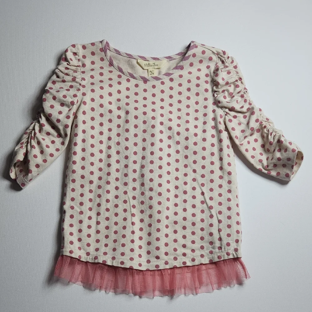 Matilda Jane Girls Size 6 Pink Polka Dot Tunic Top Tulle Hem Ruched Sleeve